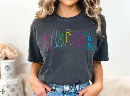 Teacher Neon Outline | Softstyle T-shirt | 100% Pre Shrunk Cotton | UNISEX | Comfort Color